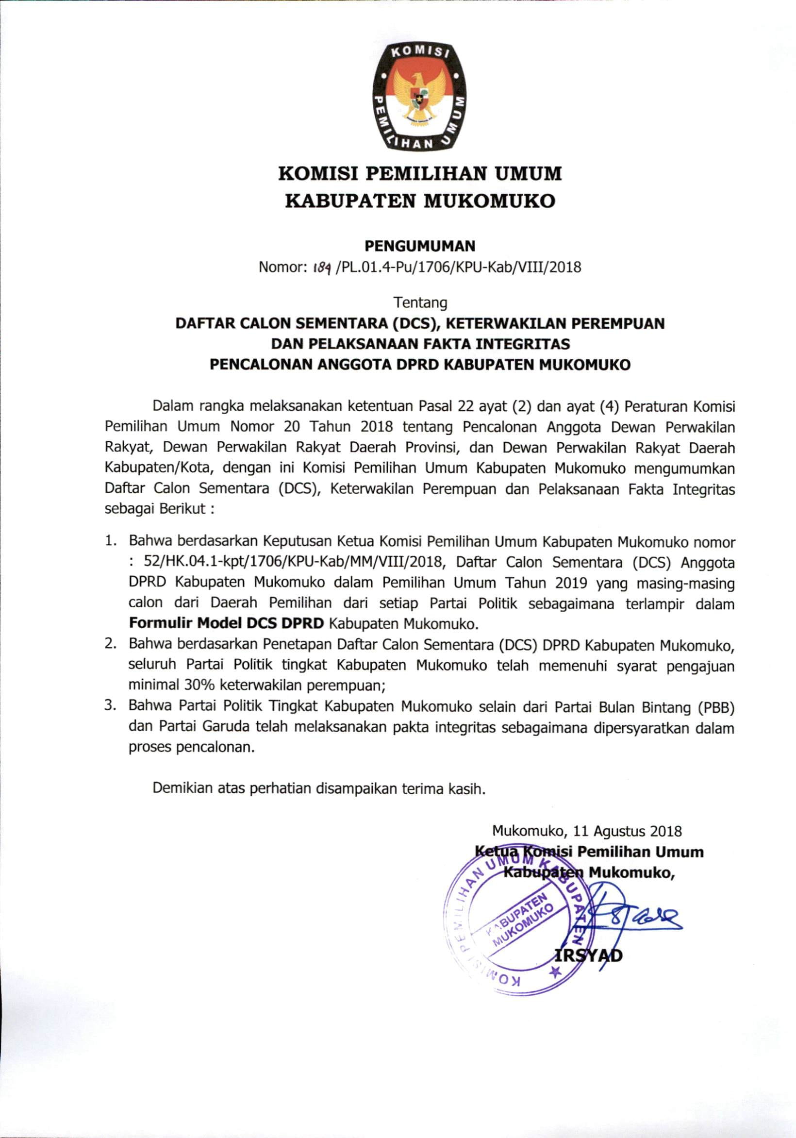 KPU Umumkan DCS Legislatif Kabupaten Mukomuko